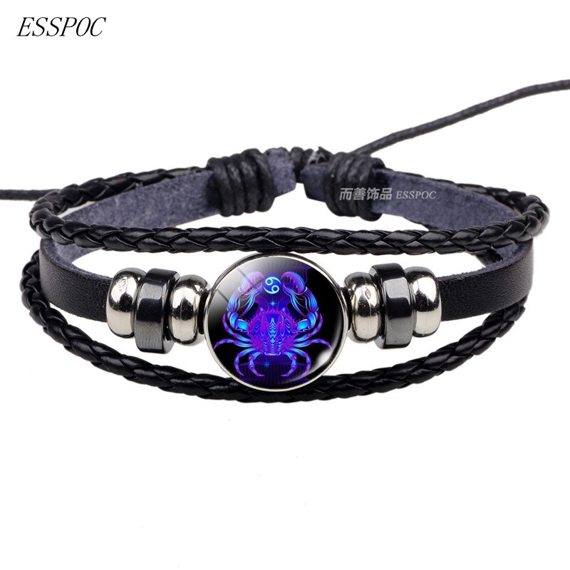 12 stjernebilleder sort reb flettet læder armbånd stjernetegn armbånd cancer leo jomfru libra scorpio til mænd kvinder: Kræft