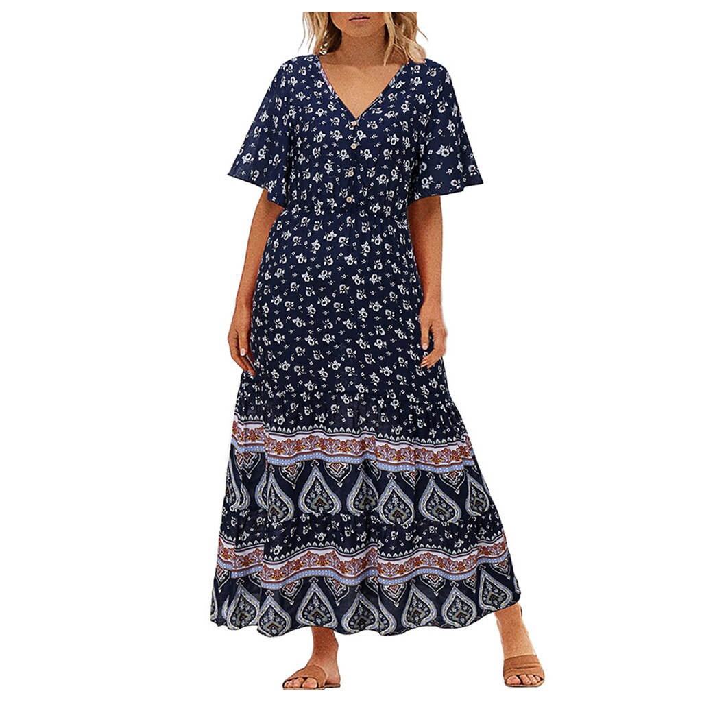 Vrouwen Zonnejurk Jurk Mode Bohe Dot Print Hemdje V-hals Button Verstoorde Vintage Jurk Casual Kleding Vestidos De Mujer Elbise: Blauw / M