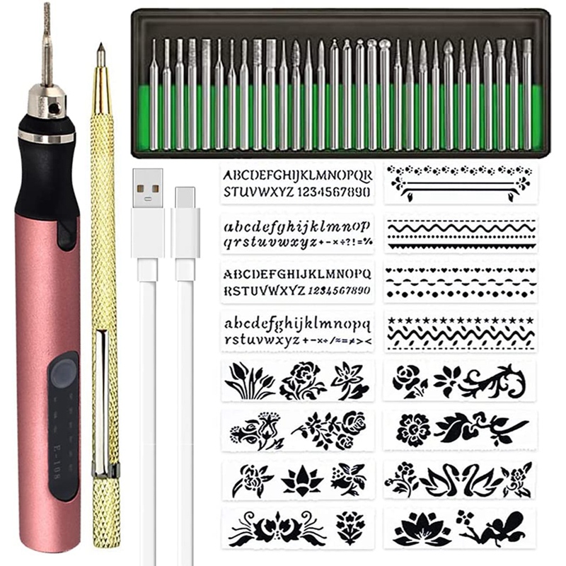 Praktisk genopladelig trådløs mini graveringspen diy graveringsværktøjssæt til metal glas keramisk plast træ smykker stencils: Lyserød