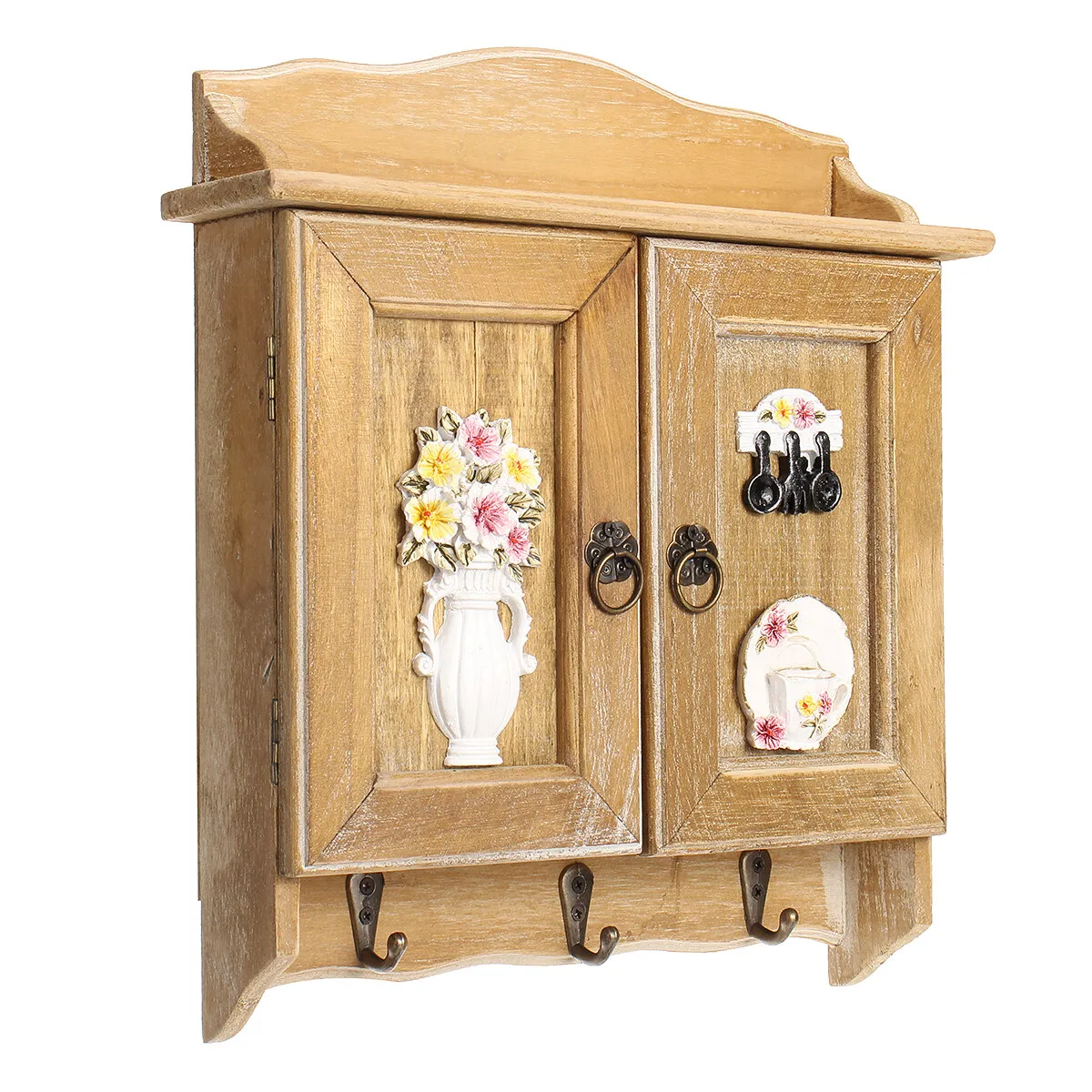 Caja organizadora Retro de madera con puertas dobles, estante organizador con 9 ganchos, soportes montados en la pared para armario, decoración para el hogar y la sala de estar