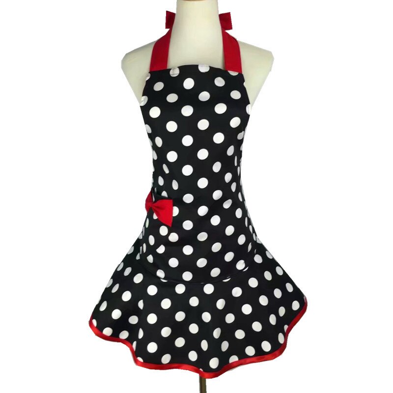 Tablier jupe à pois avec poches, noir, mignon, drôle, rétro, en coton, pour la cuisine, pour femme et fille