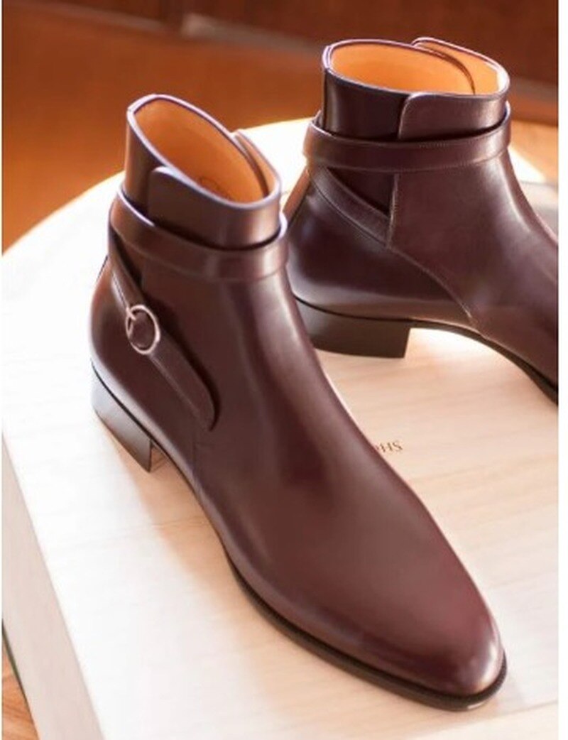 Herresko håndlavede pu læder klassiske spænde strop støvler lav hæl stilfulde afslappede chelsea støvler zapatos 4 m 879