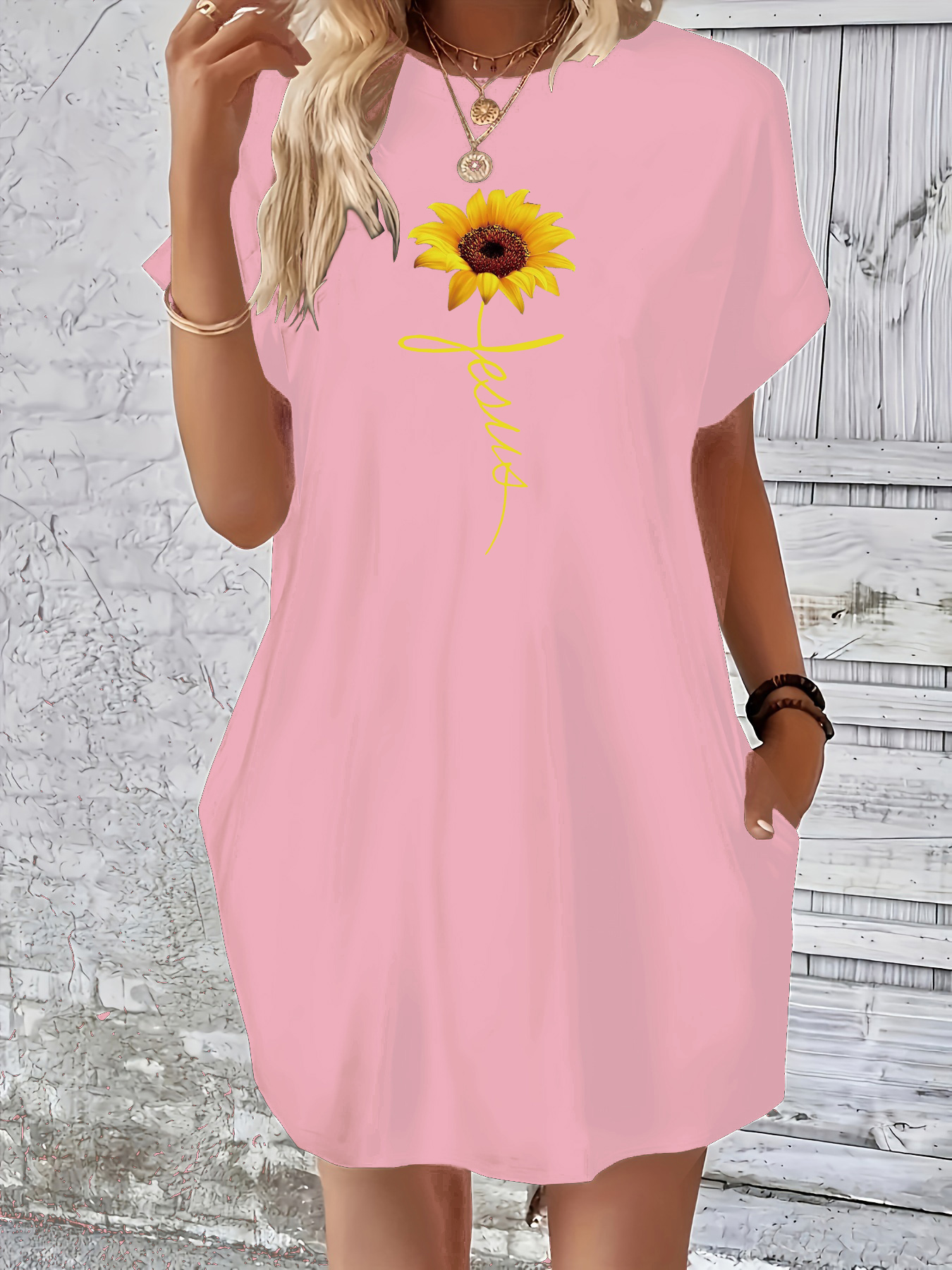 Dames Zomer Losse Cross Zonnebloem Print Ronde Hals Korte Mouw Zak Comfortabele Casual Plus Size Jurk: XXXL / Roze