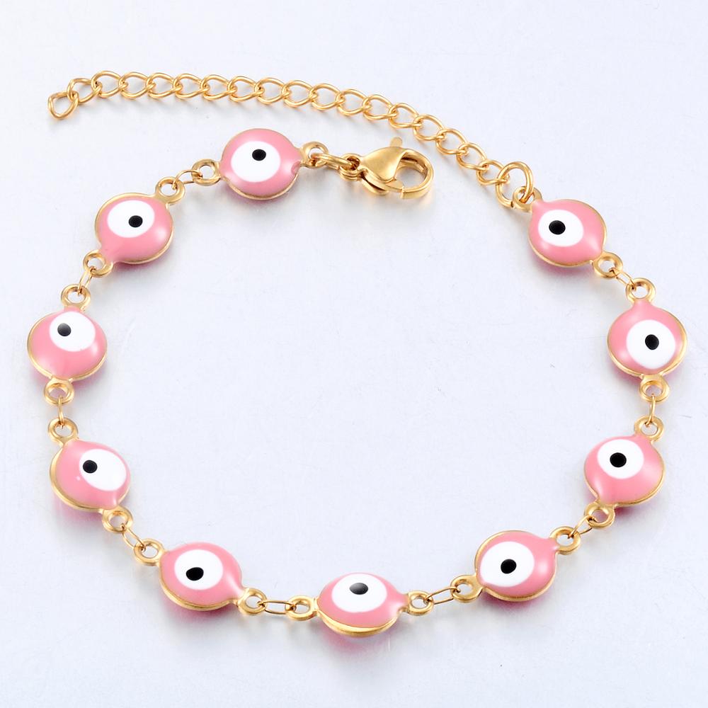 Stainless Steel Bracelet 7 Colors Evil Eye Enamel Bead Bracelet Jewelry Men And Women 6mm Width 18cm+3cm Length