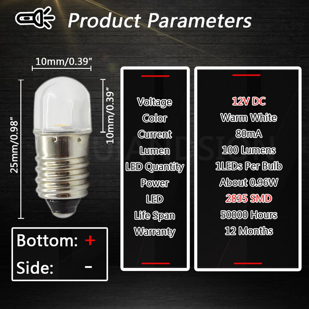 2pcs Warm white E10 3V 6V 12V 0.08A 0.96W Miniature Screw Base Instrument LED Light Bulb Lamp Flashlight Torch DIY Work Light: 12V