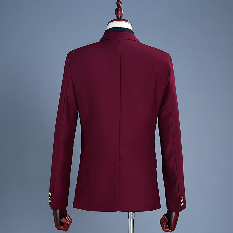 Men's Business Casual Suit Golden Double-Breasted Lapel Wine Red Slim Suit Two Piece Set (Jacket+Pants) Banquet Party Set