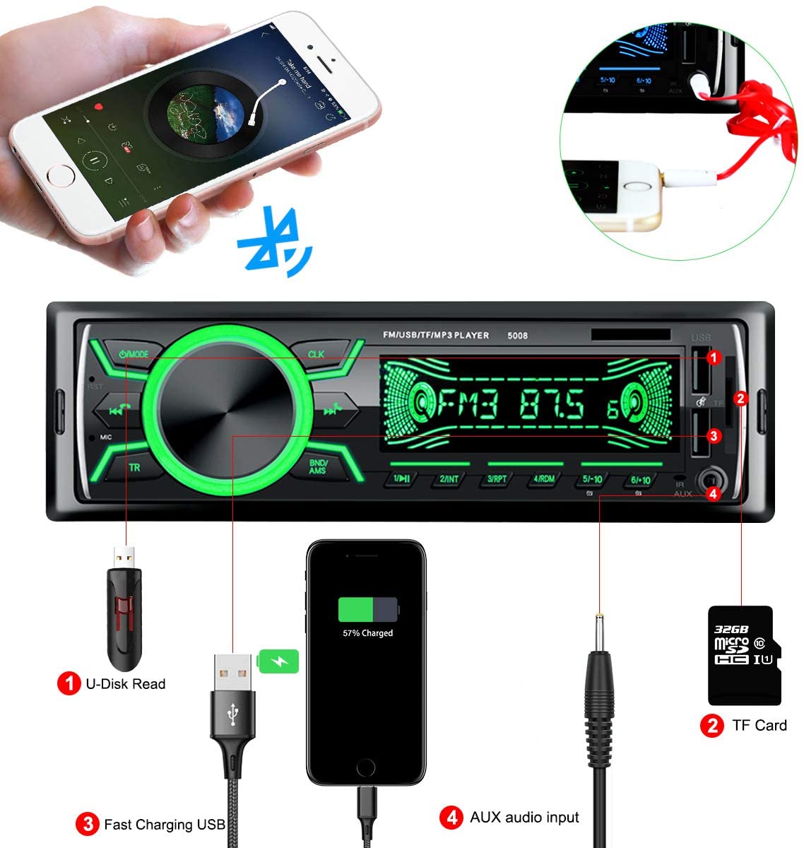 Autoradio 1 Din Bluetooth Stereo MP3 Speler 2 Usb/Tf/Fm Head Unit Non Cd 7 Kleur usb Sd Aux Auto Elektronica In-Dash Autoradio