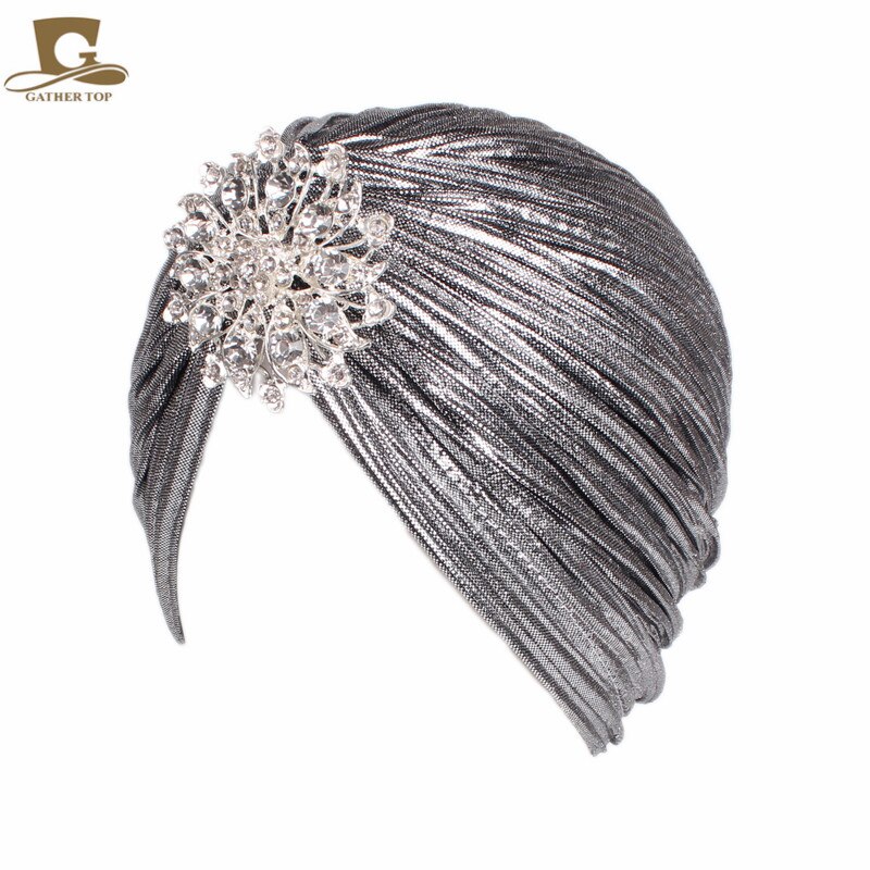 Damer guld sølv diamant juvel turban hatte til kvinder chemo bandana hijab plisseret indian cap turbante hat: Sølv