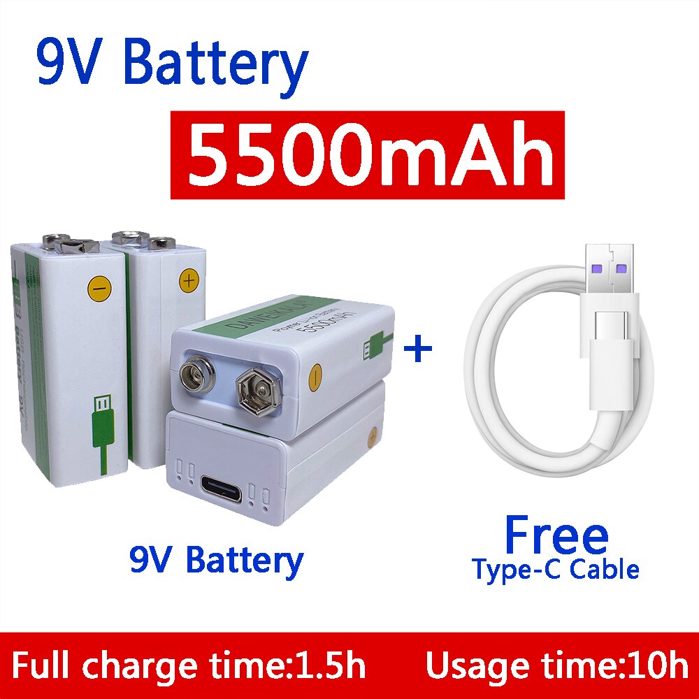 9V 5500mAh 9V Battery Rechargeable battery Micro USB Battery 9V lithium for Multimeter Microphone Toy +USB charging cable