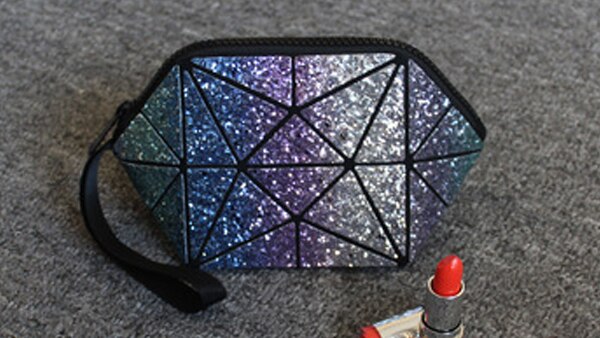 reflective geometric cosmetic bag for women: rainbow glitter