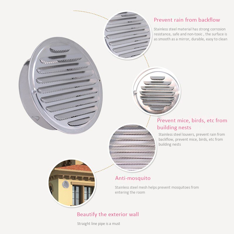 200mm Home Stainless Circle Air Vent Grille Ducting Ventilation Cover Stainless Steel Louver Air Vent