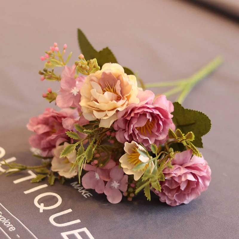Fleurs artificielles violettes pivoines, 1 Bouquet, fausses roses d'automne en soie pour bricolage, décoration de salon, jardin de maison, mariage: 24