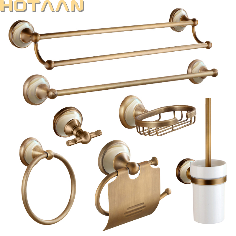 Antique Brushed Solid Brass Bathroom Accessories Sets European jade base Bathroom Hardware Sets Retro Bathroom Products