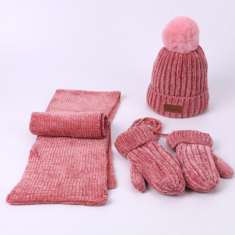 Børn vinter pom hat tørklæde handsker sæt udendørs tykke varme vanter cap tørklæde sæt børn søde ensfarvet beanie hat med foring