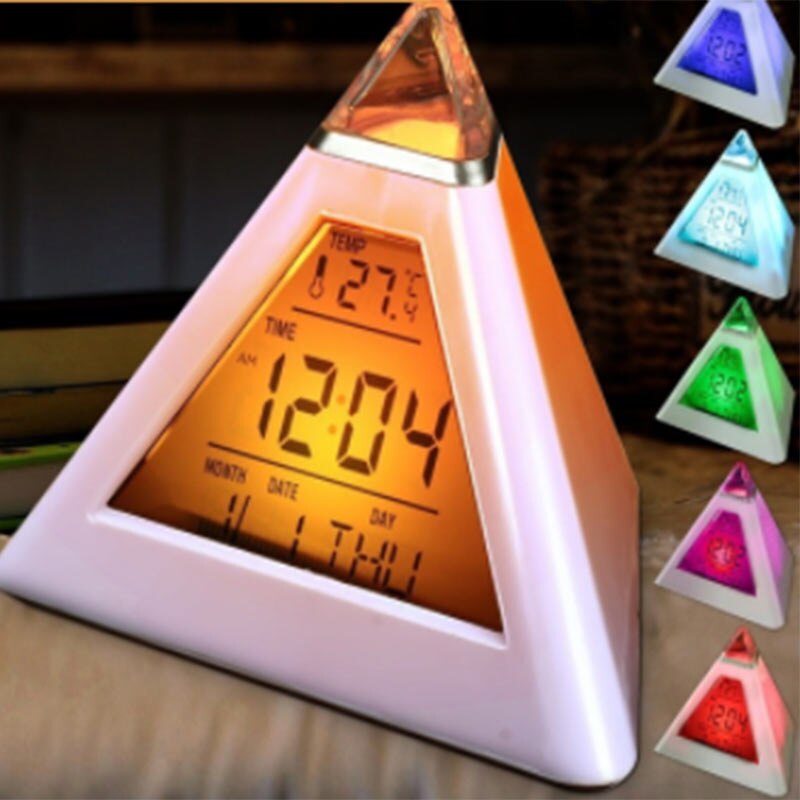 7 LED Home Office Desk Pyramid Digital Backlight Color Everchanging Table Alarm Clock Thermometer LED Display K802