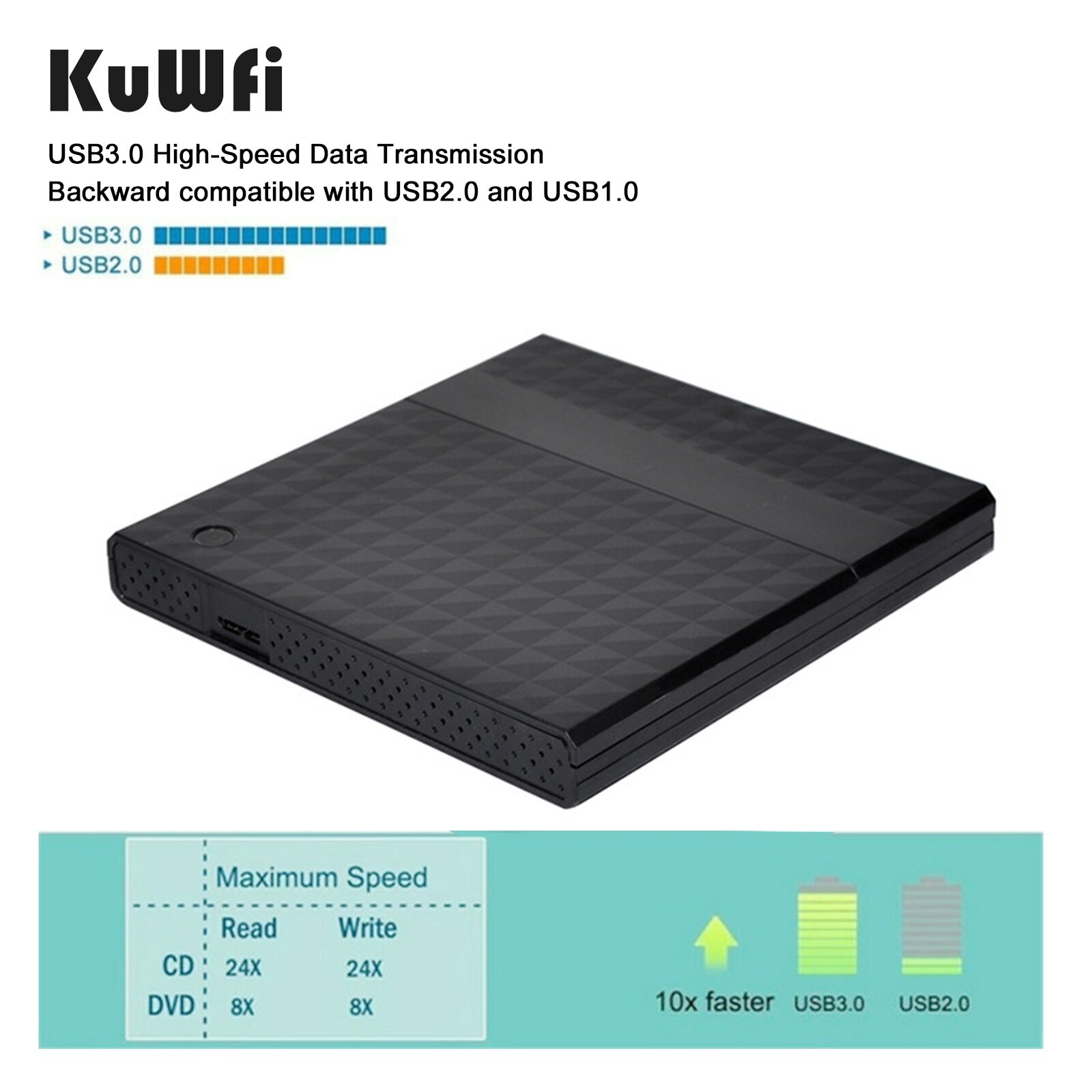 KuWFi-grabador de DVD externo USB 3,0 tipo C, Unidad óptica, reproductor de CD/DVD ROM para ordenador portátil, MACs OS, Windows XP/7/8/10
