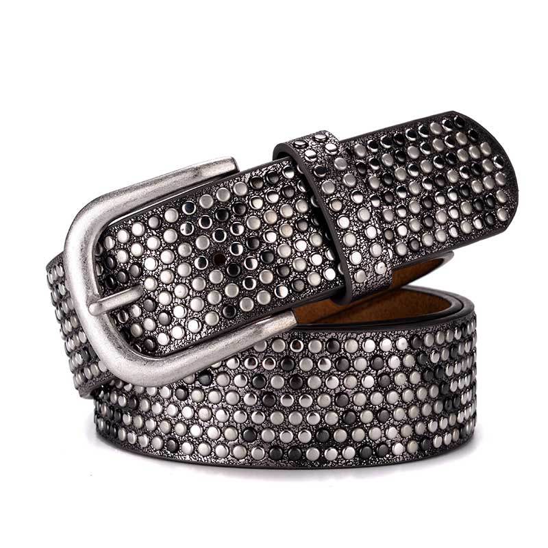 Ceinture large pour femmes en croûte de cuir PU, avec rivets rétro, ceinture large sauvage, style européen et américain: Gun black / 90 CM