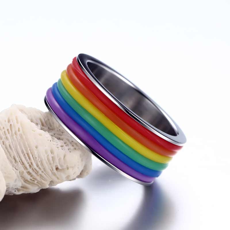 JHSL Men Colorful Silicone Rainbow Gay Rings Stainless Steel Jewelry Size 6 7 8 9 10 11 12 13