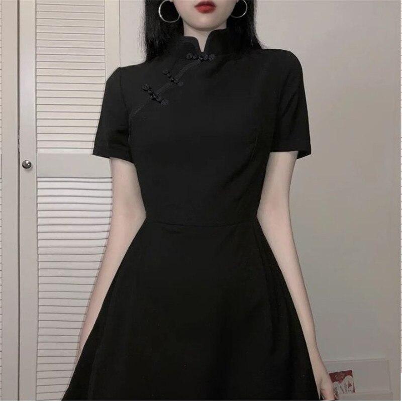 Japonais Harajuku Vintage gothique Lolita robes noir mince Style chinois Cheongsam robe: S