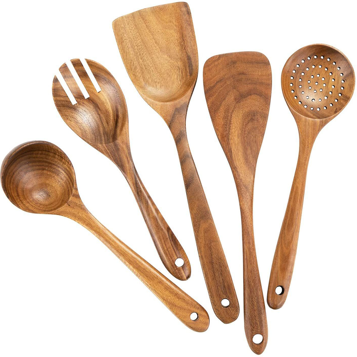 Utensilios de cocina de madera, juego de cuchara y espátula para el hogar, cuchara para ensalada, tenedor, cuchara agitadora, juego de cocina para hornear con cubo de almacenamiento: Amarillo claro