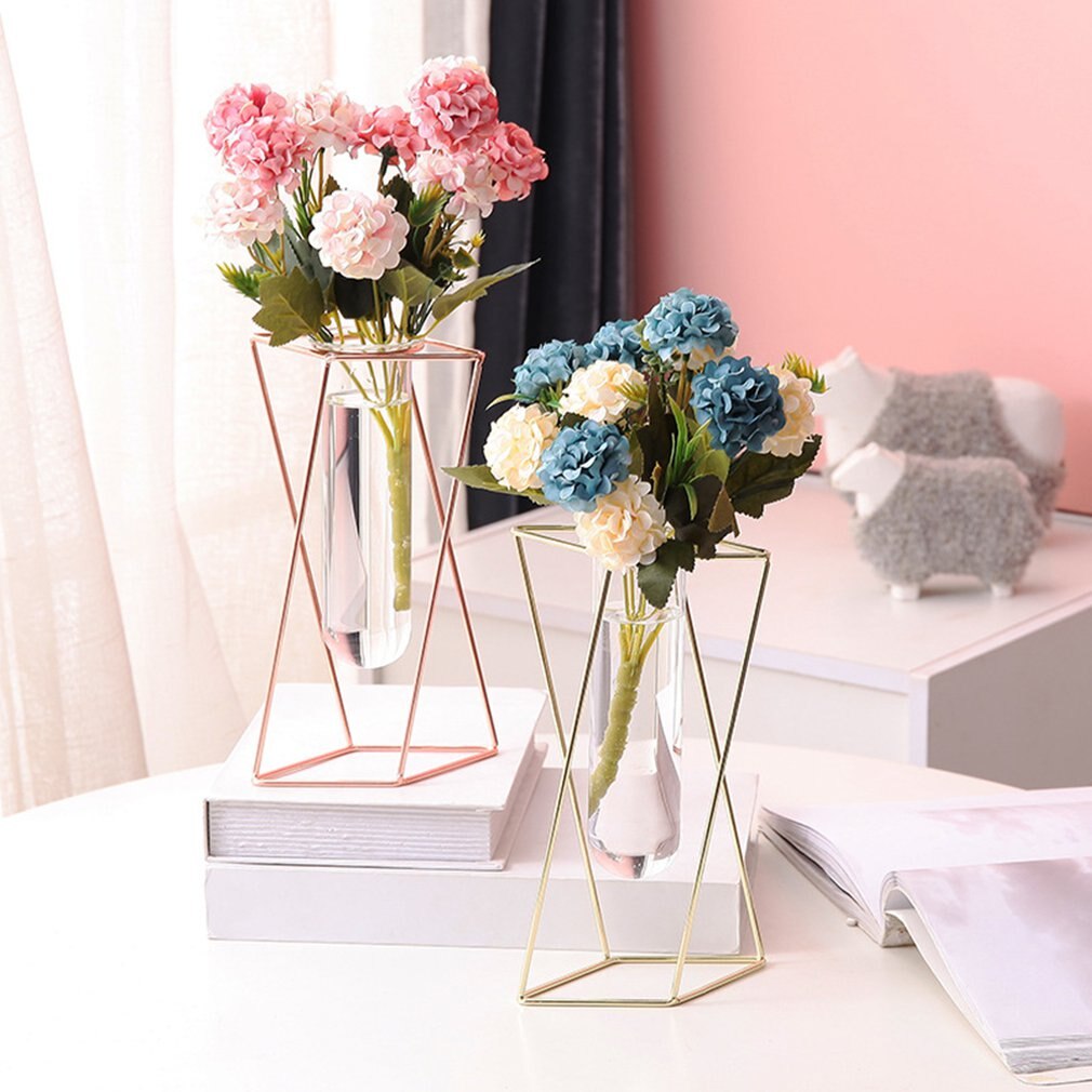 Nordisk stil glass blomsterpotte jern kunst vase rose gull hengende prøverør blomstervaser hjemmekontor dekorasjon skrivebord blomsterpotter