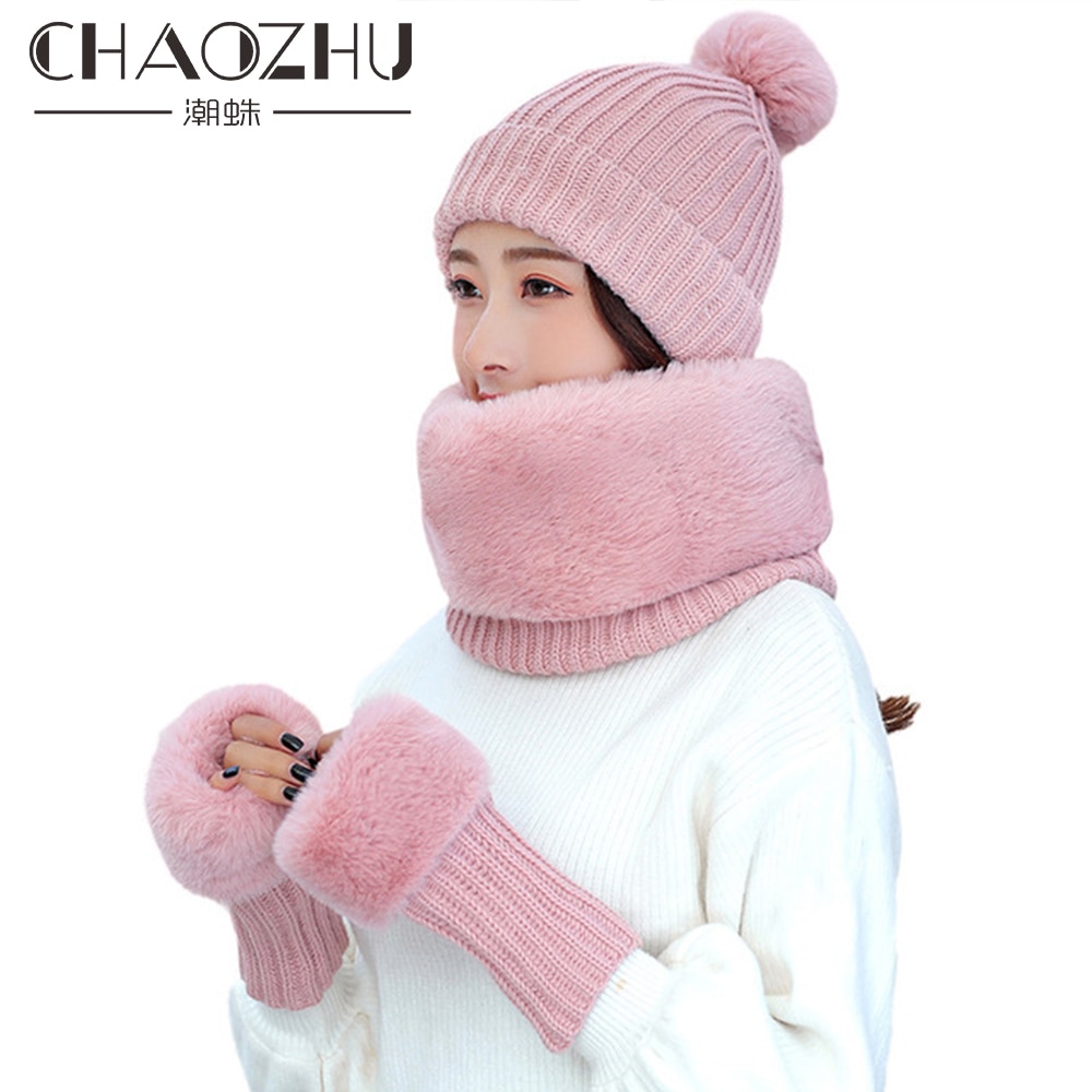 Chaozhu vinter varm tykkere tørklæder handsker fending luksus hat og tørklæde strikning sæt til kvinder hatte furtalk sne dag udendørs