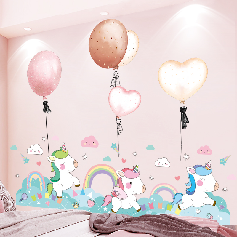 Rosa flamingo dyr vegg klistremerker diy ballonger veggmaleri dekaler for barn rom baby soverom barnehage hjemme dekorasjon tilbehør: Ballong og enhjørning