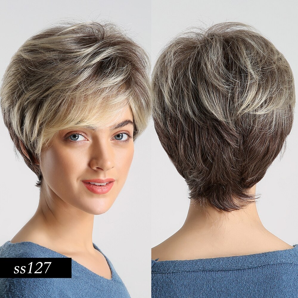 Element Short Straight Ombre Light Brown to Blonde Color Synthetic Pixie Cut Wigs for White/Black Women Daily Wear: ss127-1