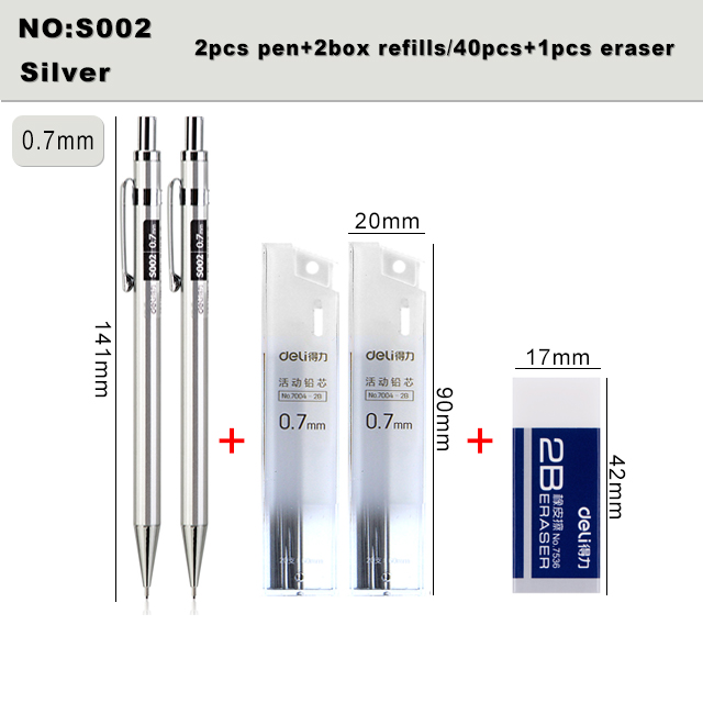 Deli Metal Mechanical Pencil 0.5 0.7mm Lead 2B Drawing Writing Activity Pencils For Artist School And Office Stationeries: S002-Silver-2pcs