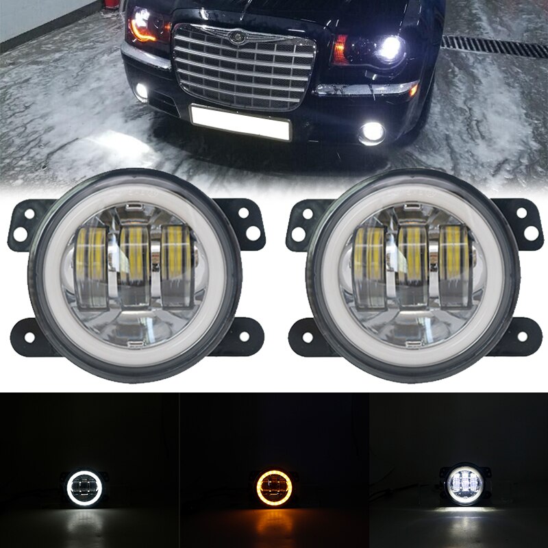 2PCS 4Inch Round Led Fog Lights 30W 6000K White Halo Ring DRL Off Road Fog Lamps For Jeep Wrangler JK TJ LJ Dodge Journey