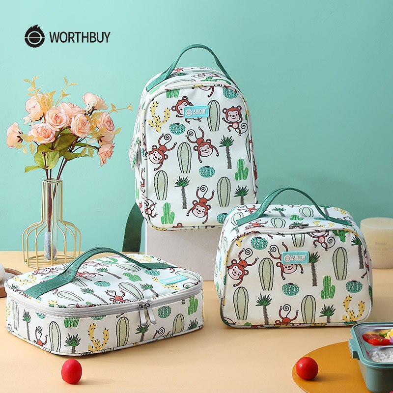 WORTHBUY Cute Monkey Lunch Bag Portable Thermal Lunch Box Bag For Woman Kids School Picnic Waterproof Oxford Food Container Bag