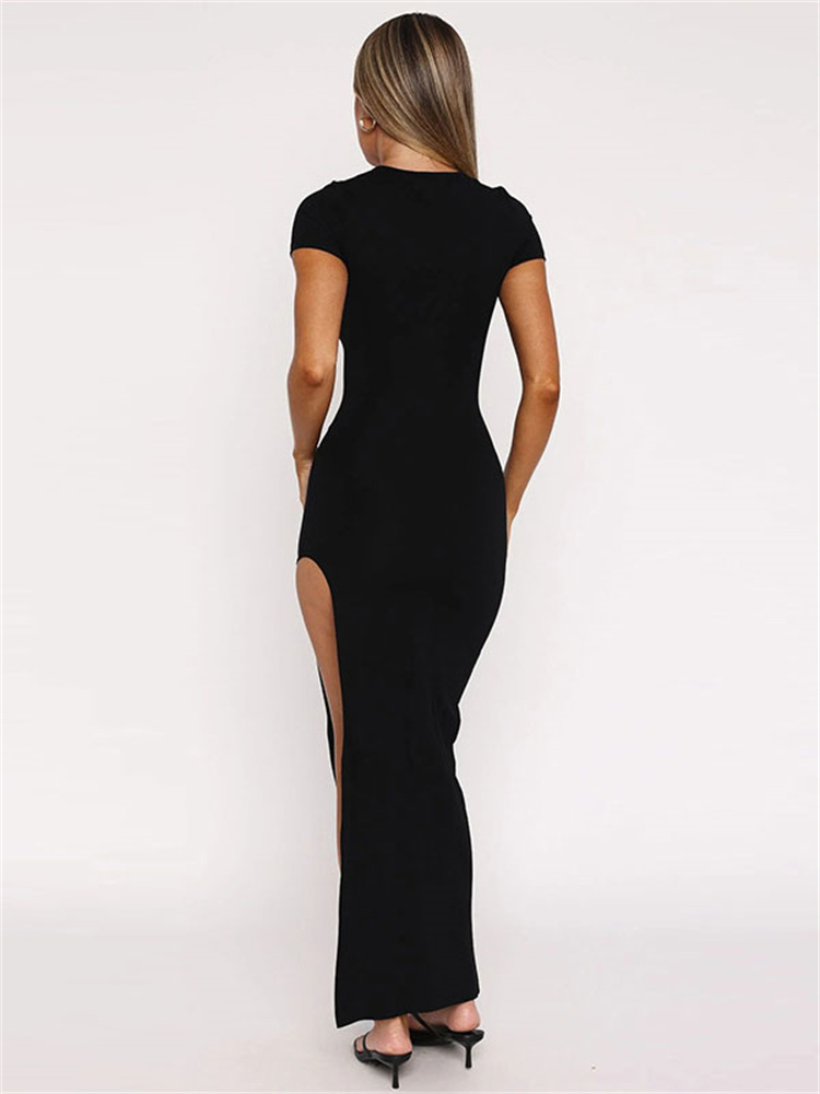 Tossy Summer Black Maxi Dress For Women High Waist Short Sleeve Side Split Sexy Party Dress Gown Female Bodycon Dress