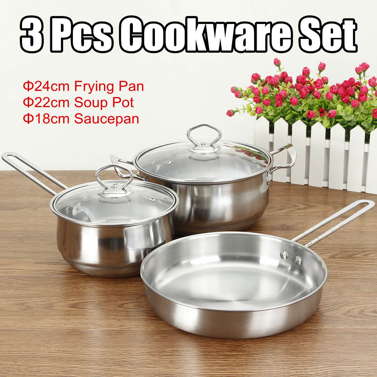 Cookware Set Kitchen Stainless Steel Soup Pot Saucepan Induction Safe Thickened Frying Pan Saucepan With Glass Lid 3PCS/Set