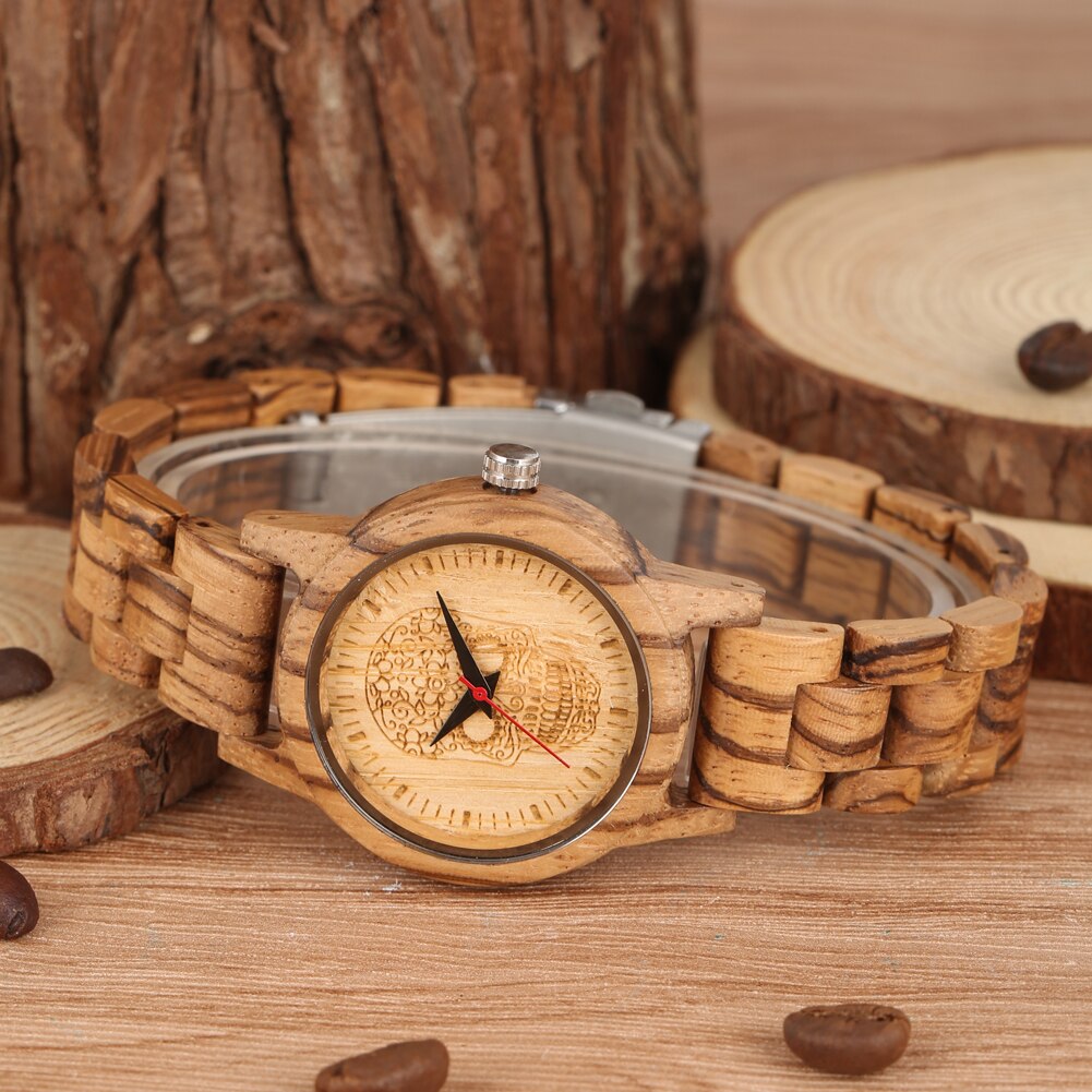 Atractivo reloj de madera de cuarzo para mujer, correa de madera con patrón de esqueleto, reloj de pulsera de cuarzo, para mujer