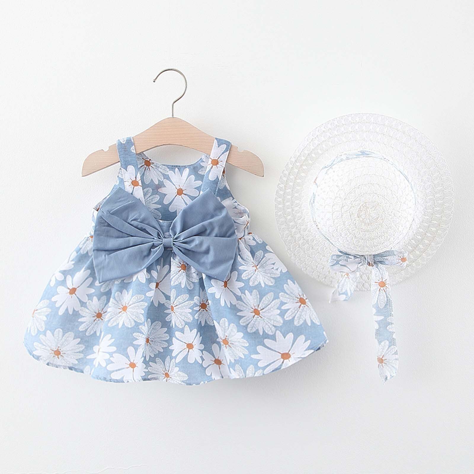 Toddler Kids Baby Girl Summer Bow Print Suspender Dress With Hat Dress for Girls Baby Girl Clothes Set Princess Dress for Girls: Light Blue / 3-4 Years