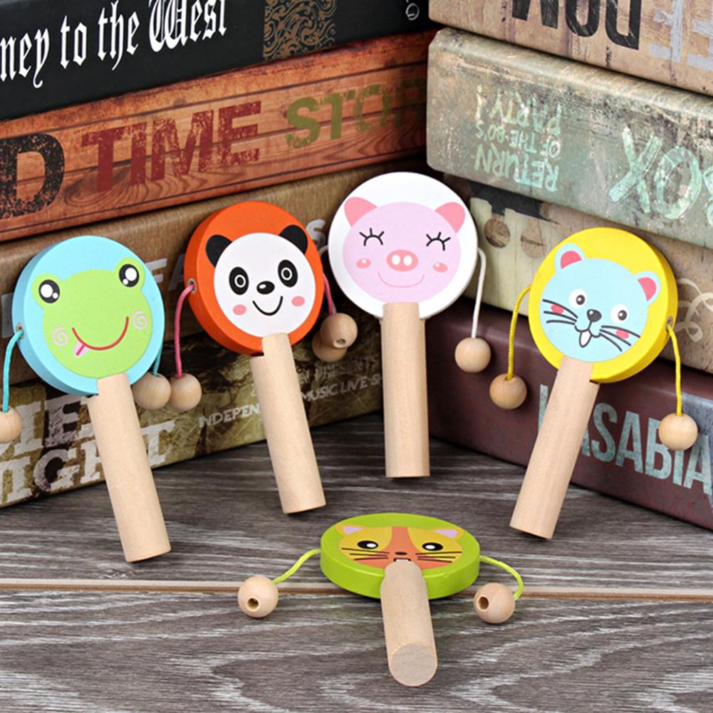 Cartoon Animal Wooden Handheld Musical Rattle Drum Shaker Education Baby Toy Noise Maker Wooden Musical Instrument