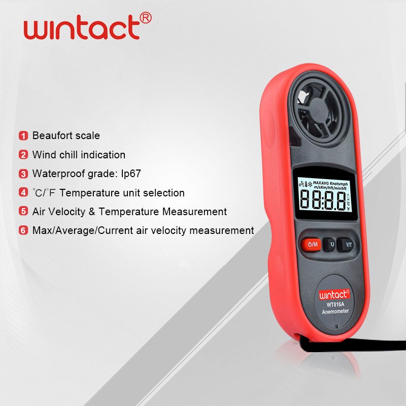 WT816A Portable Anemometer Water Proof IP67 Wind Speed Anemometro Temperature Gauge Meter 30m/s with LCD Backlight Display