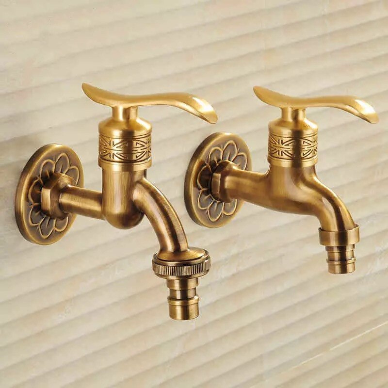 Bathroom Bibcock Antique Brass Carved Pattern Wall Mount Single Cold Retro Taps Outdoor Garden Washing Machine Mop Toilet Faucet