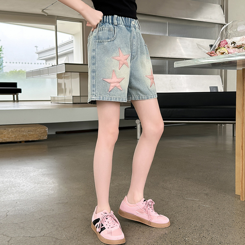 Meisjes zomer lederen vijfpuntige ster shorts 2025, nieuw product mode vijfpuntige ster jeans casual sportshorts 5-15 jaar o