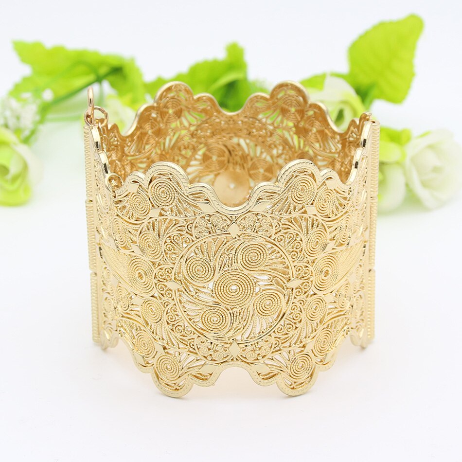 Sunspicems-brazalete con borde ondulado para mujer, brazalete grande con flor hueca, Color dorado, joyería marroquí para boda
