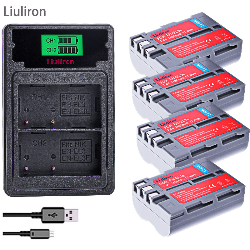 4X 7,4 V 2400MAH EN-EL3E EN EL3e ENEL3e EL3 Batterie + LCD LADEGERÄT Für Nikon D300S D300 D100 D200 d700 D70S D70 D80s D80 D90 D50: charger and 4battery
