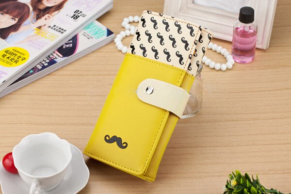 Cartera con broche de cuero PU, cartera con patrón de lindos bigotes, cartera para Mujer, monedero, tarjetero, cartera para Mujer