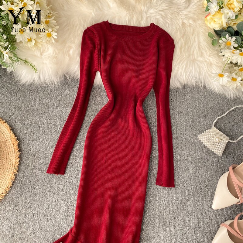 YuooMuoo nieregularne frezowanie wzburzyć syrenka midi sukienka kobiety elegancka sukienka z długimi rękawami jesień dzianiny sukienki damskie tunika