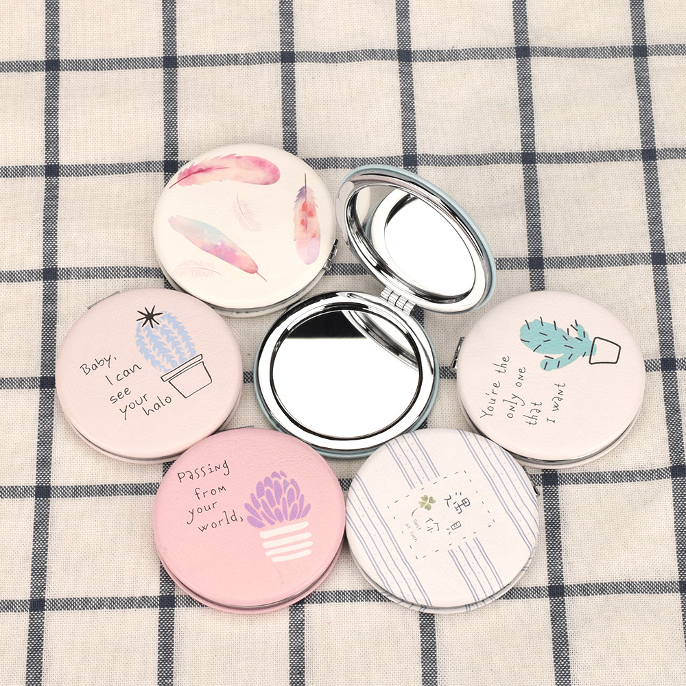 Pu Lederen Kleine Ronde Spiegel Ronde Cirkel Dubbelzijdig Vouwen Meisjes Spiegel Draagbare Kat Plant Print Make Up Spiegel