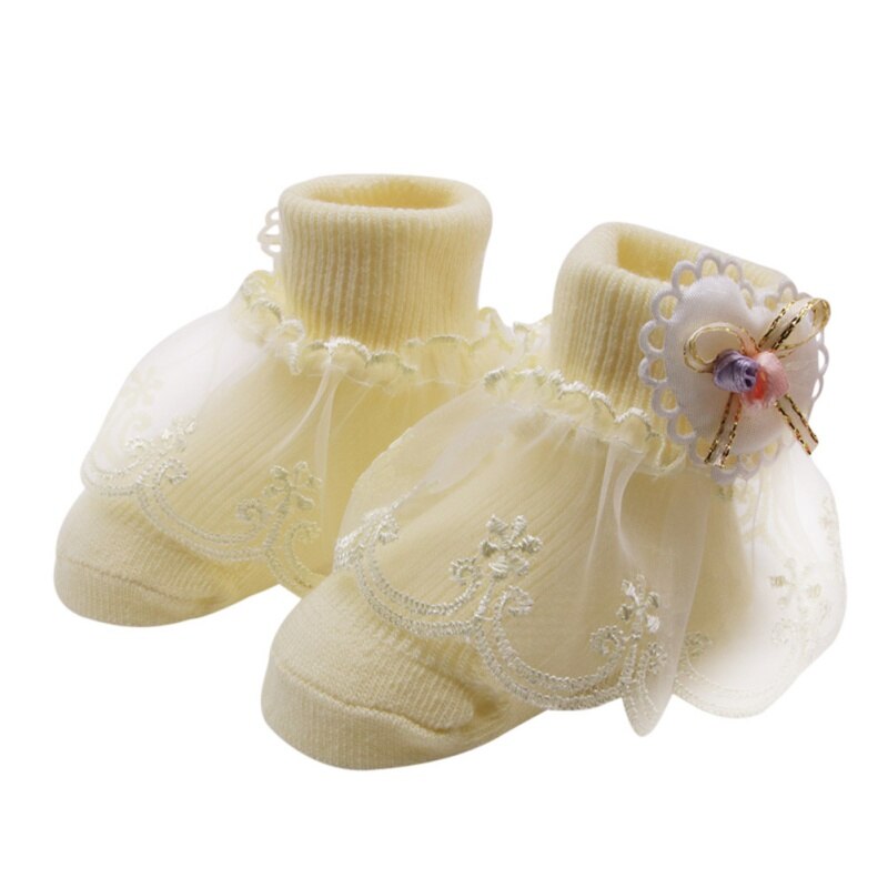 Cute Baby Girl Socks Cotton sweat absorbent non - slip socks With Lace Bow Floral Print Socks Princess Children Socks: yellow