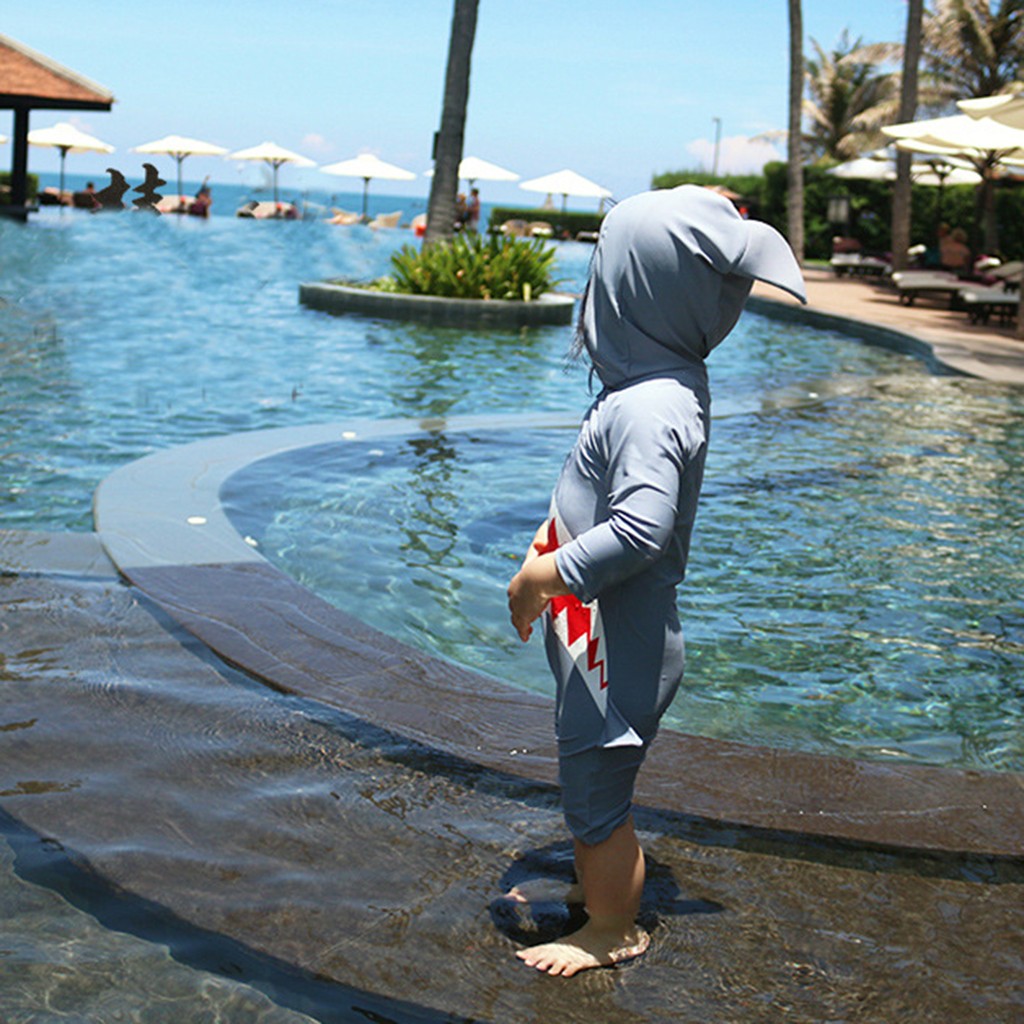 Children Swimwear Boys Girls Kids Long Sleeve Cartoon Shark Hooded Beach One Piece Swimsuit suit#40