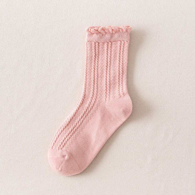 Frilly Ruffle Socks Japanese Style Kawaii Cute Cotton Woman Socks Harajuku Retro Casual Solid Color White Black Beige Crew Socks: Pink
