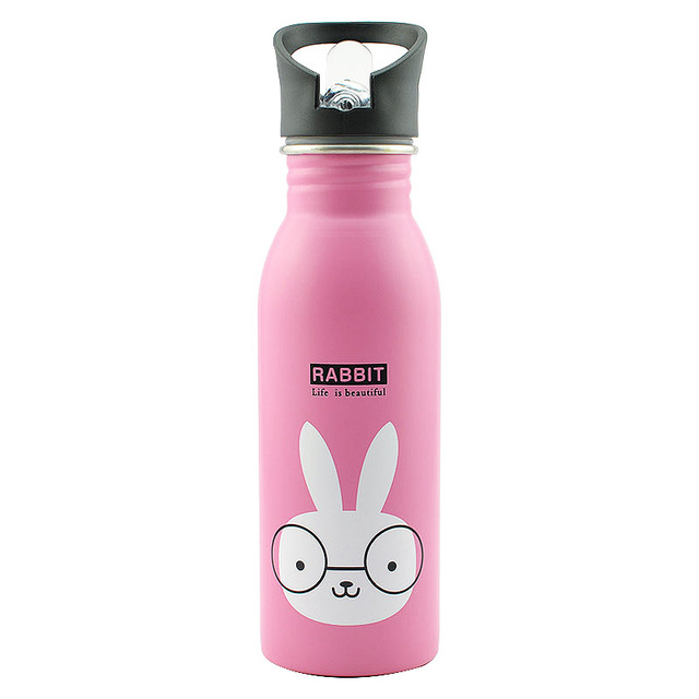 Draagbare Roestvrij Staal Leuke Patroon Animal Cup Buitensporten Fles Reizen Camping Koud Water Fles Kids Water Fles Y1: Pink