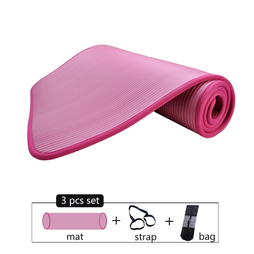 10mm extra tjocka 183 x 61cm halkfria yogamattor för fitness smaklösa pilates gym träningsdynor med bandage/väska: Rosa -3 st set