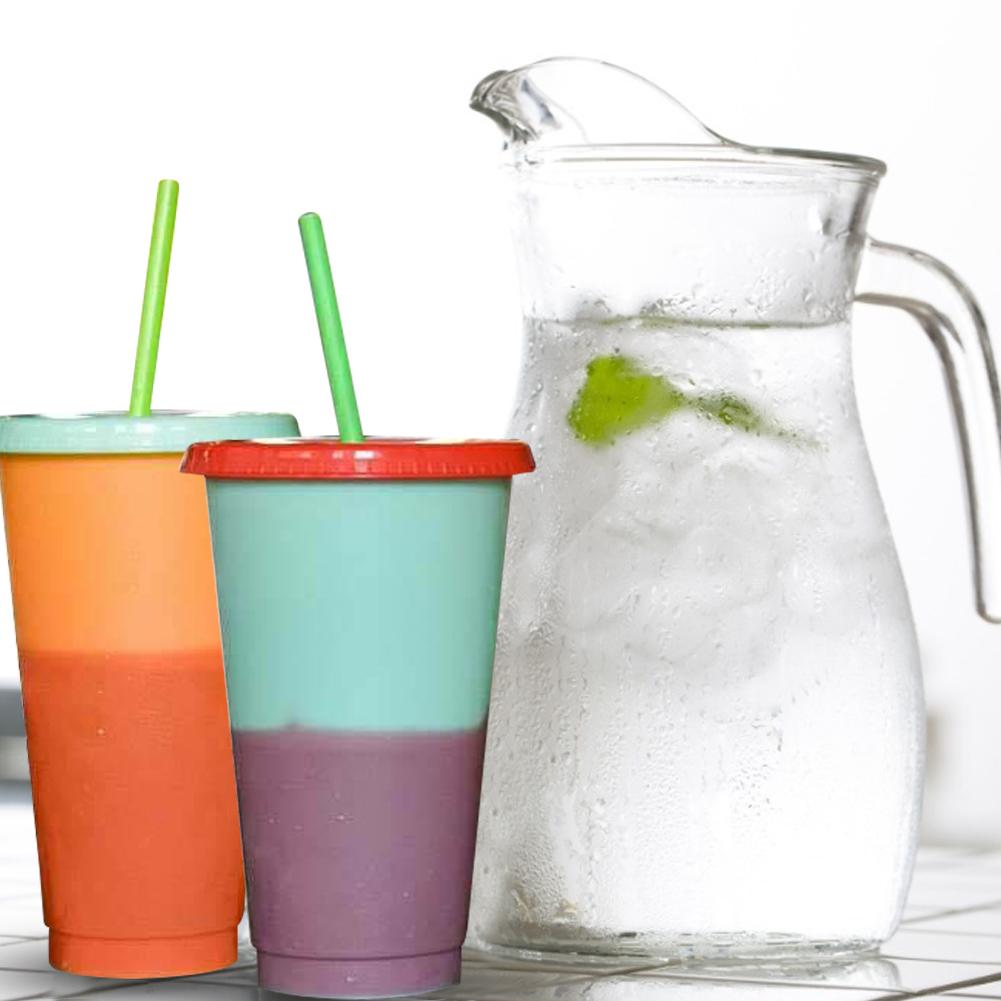 5PCS Reusable Color Changing Cold Cups Plastic Tumbler With Lid Durable Discoloration Changing Colour Cup With Straws Set